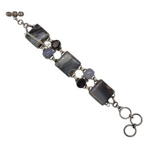Vintage Sterling Silver Banded Agate Multi Gemstone Bracelet Boho Statement
